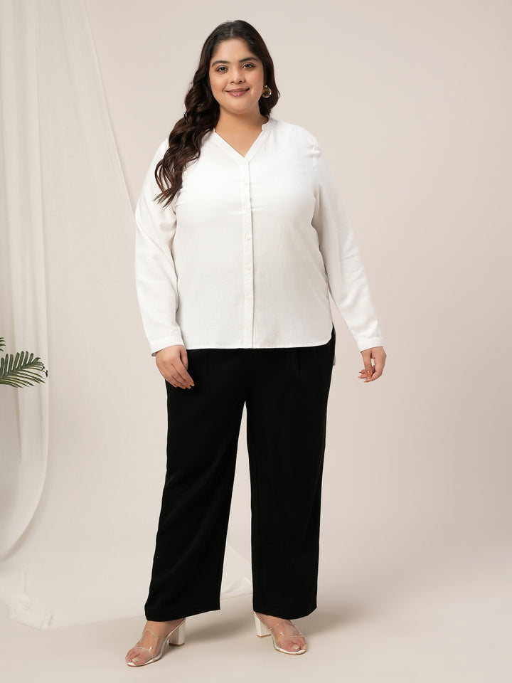 Women Plus Size Linen Office Shirt- White