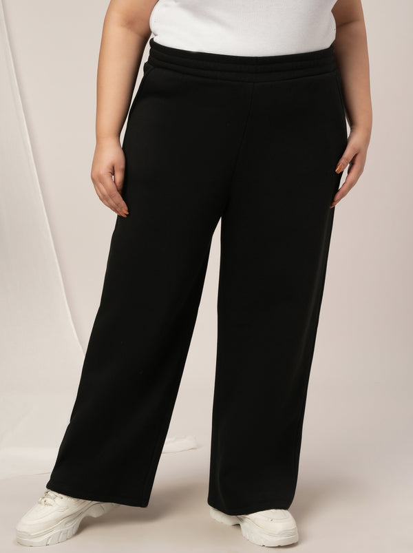 Women Plus Size Wide-Leg Winter Fleece Pants- Black