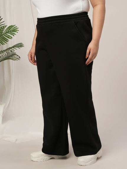 Women Plus Size Wide-Leg Winter Fleece Pants- Black