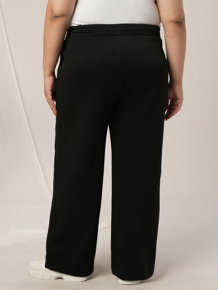 Women Plus Size Wide-Leg Winter Fleece Pants- Black