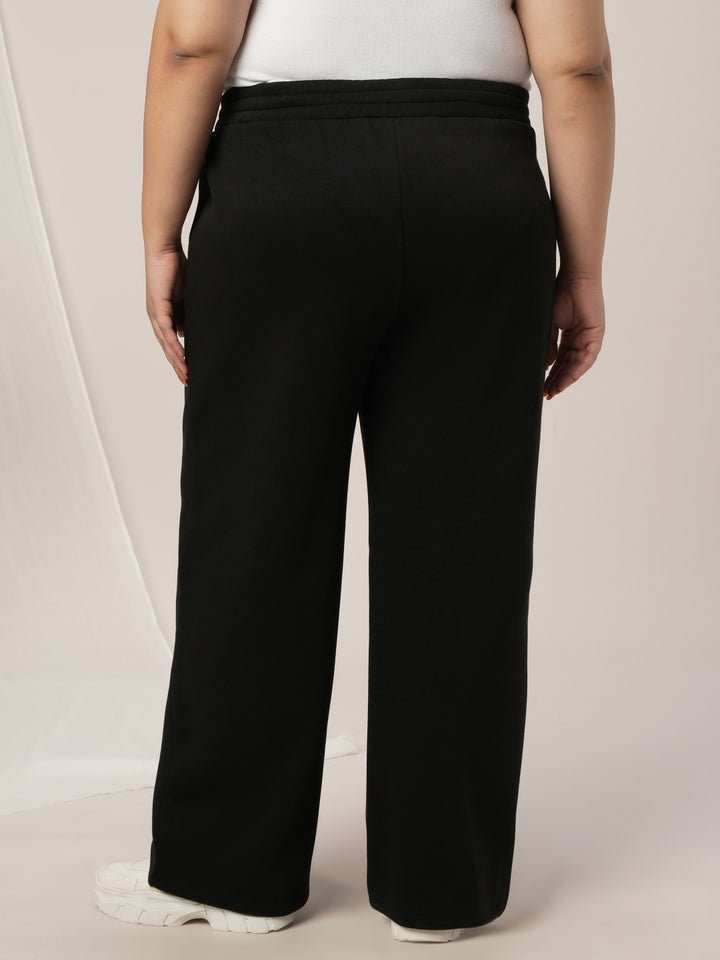 Women Plus Size Wide-Leg Winter Fleece Pants- Black