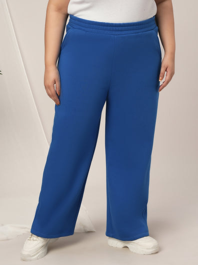 Women Plus Size Wide-Leg Winter Fleece Pants- Blue