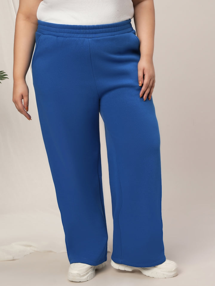 Women Plus Size Wide-Leg Winter Fleece Pants- Blue