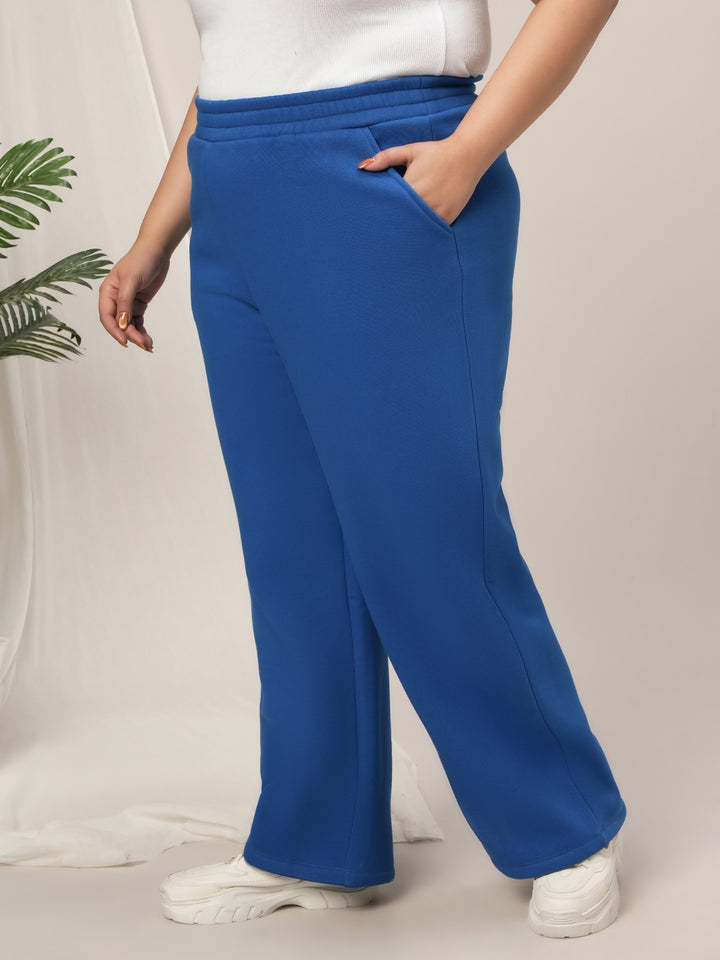 Women Plus Size Wide-Leg Winter Fleece Pants- Blue