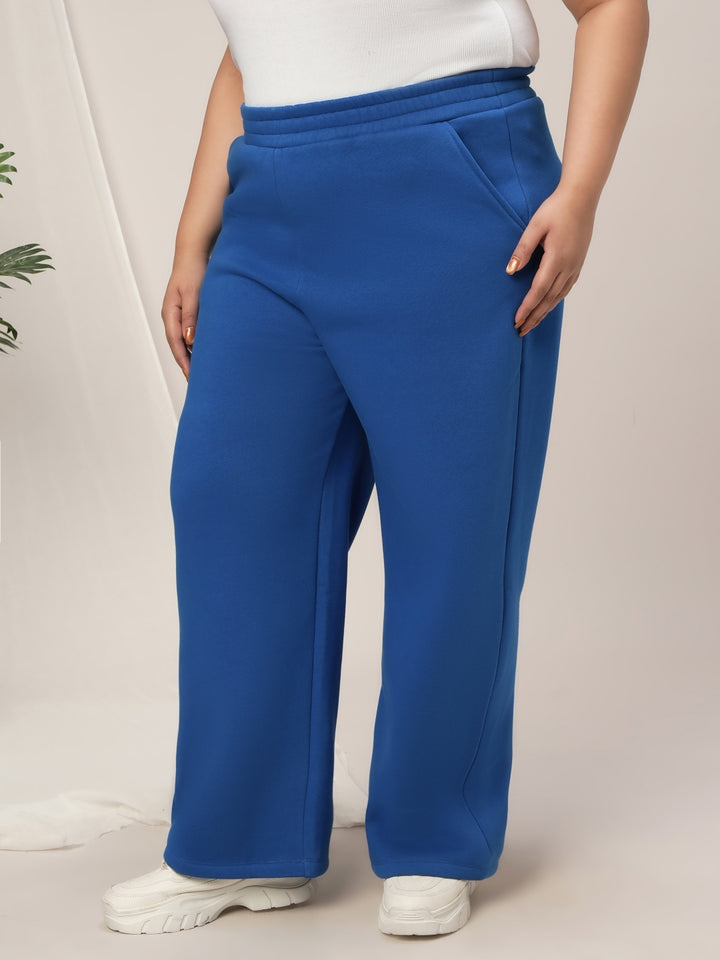 Women Plus Size Wide-Leg Winter Fleece Pants- Blue