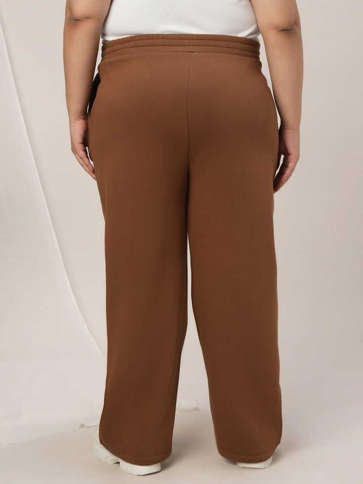 Women Plus Size Wide-Leg Winter Fleece Pants- Brown