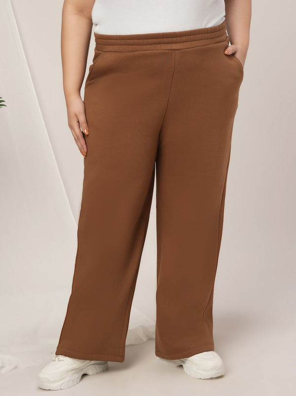 Women Plus Size Wide-Leg Winter Fleece Pants- Brown