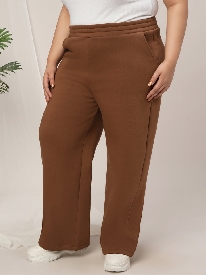 Women Plus Size Wide-Leg Winter Fleece Pants- Brown
