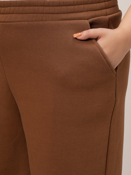 Women Plus Size Wide-Leg Winter Fleece Pants- Brown
