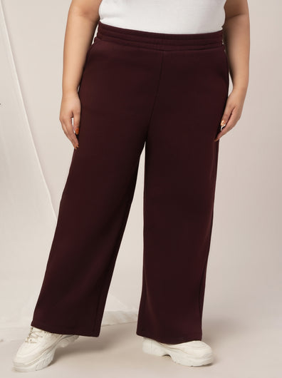 Women Plus Size Wide-Leg Winter Fleece Pants- Maroon