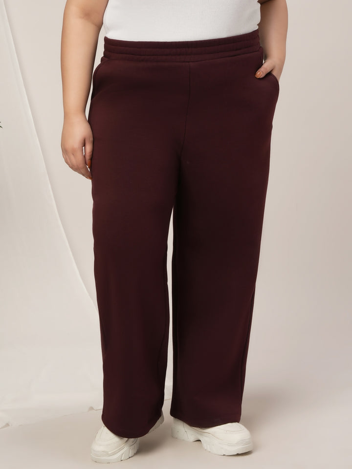 Women Plus Size Wide-Leg Winter Fleece Pants- Maroon