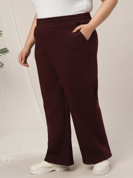 Women Plus Size Wide-Leg Winter Fleece Pants- Maroon