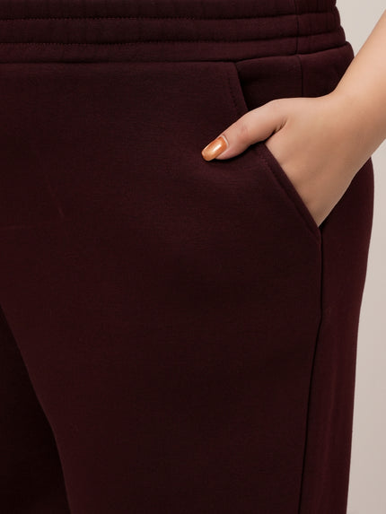 Women Plus Size Wide-Leg Winter Fleece Pants- Maroon