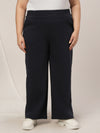 Women Plus Size Wide-Leg Winter Fleece Pants- Navy Blue