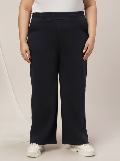 Women Plus Size Wide-Leg Winter Fleece Pants- Navy Blue