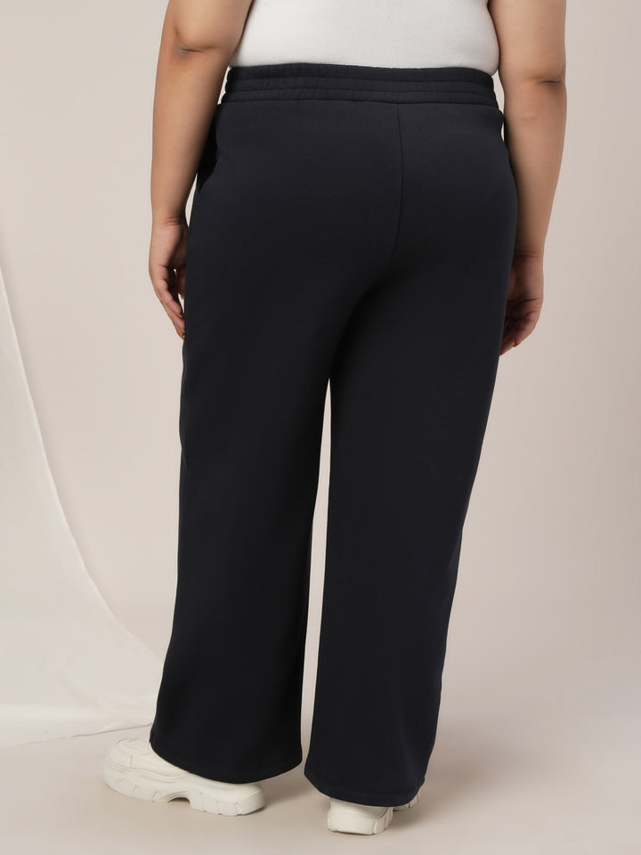 Women Plus Size Wide-Leg Winter Fleece Pants- Navy Blue