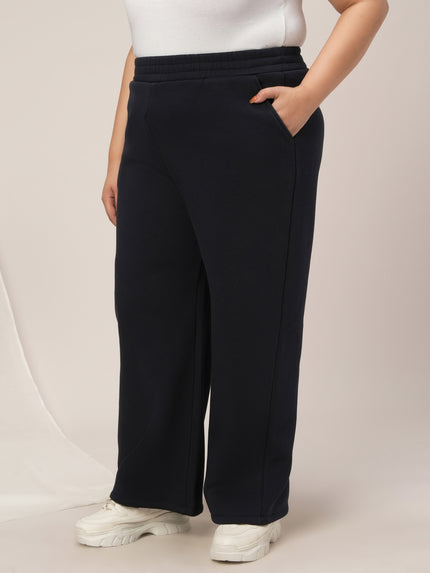 Women Plus Size Wide-Leg Winter Fleece Pants- Navy Blue