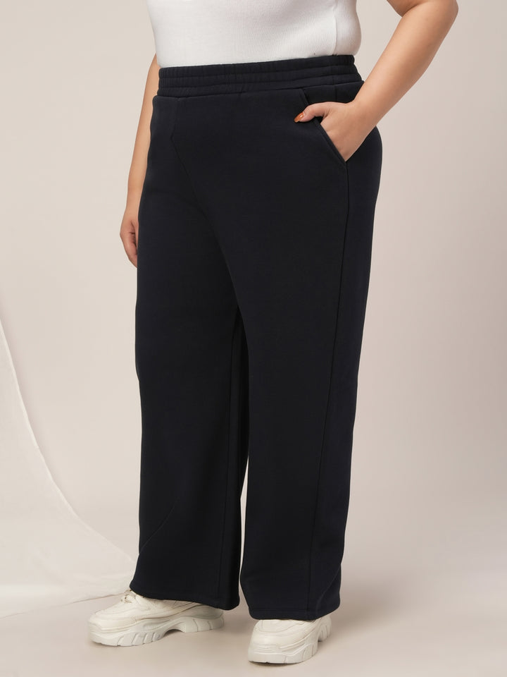 Women Plus Size Wide-Leg Winter Fleece Pants- Navy Blue