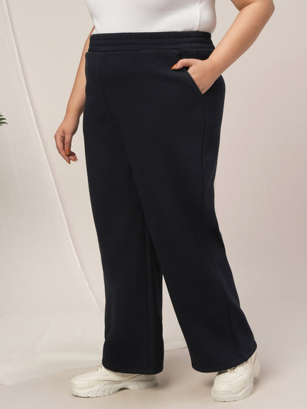 Women Plus Size Wide-Leg Winter Fleece Pants- Navy Blue