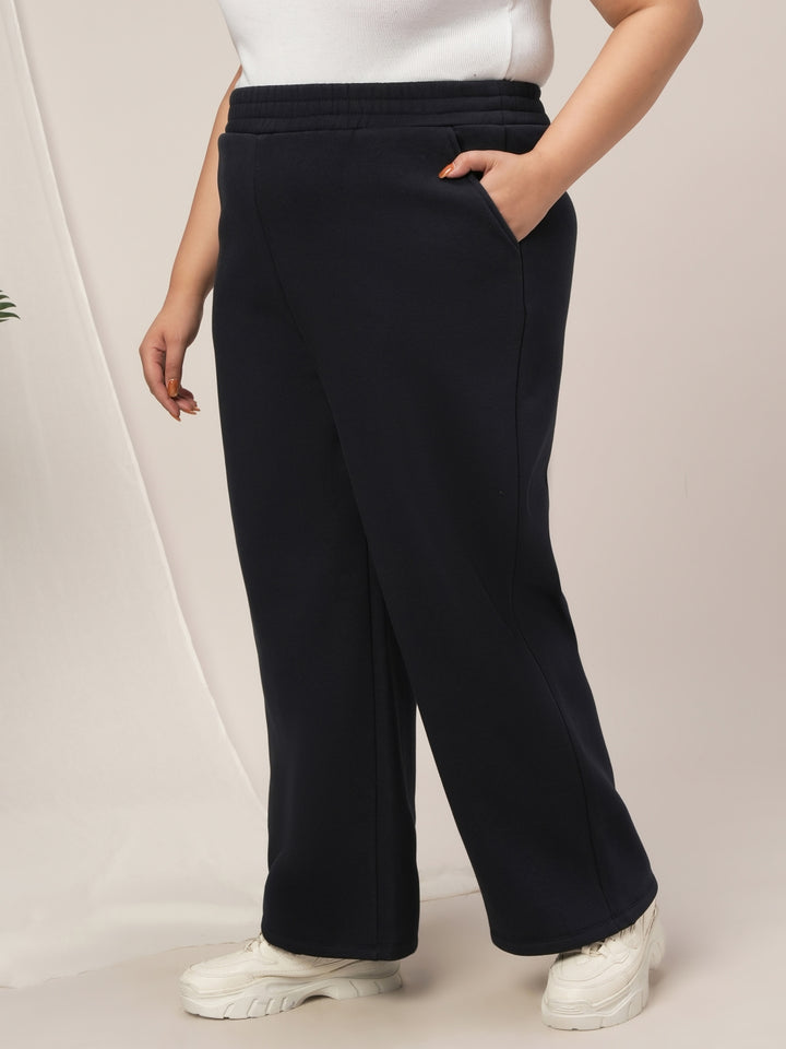 Women Plus Size Wide-Leg Winter Fleece Pants- Navy Blue