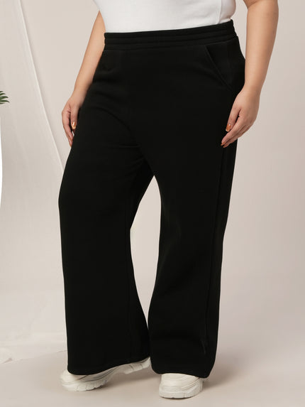 Women Plus Size Winter Fleece Flare Pants- Black