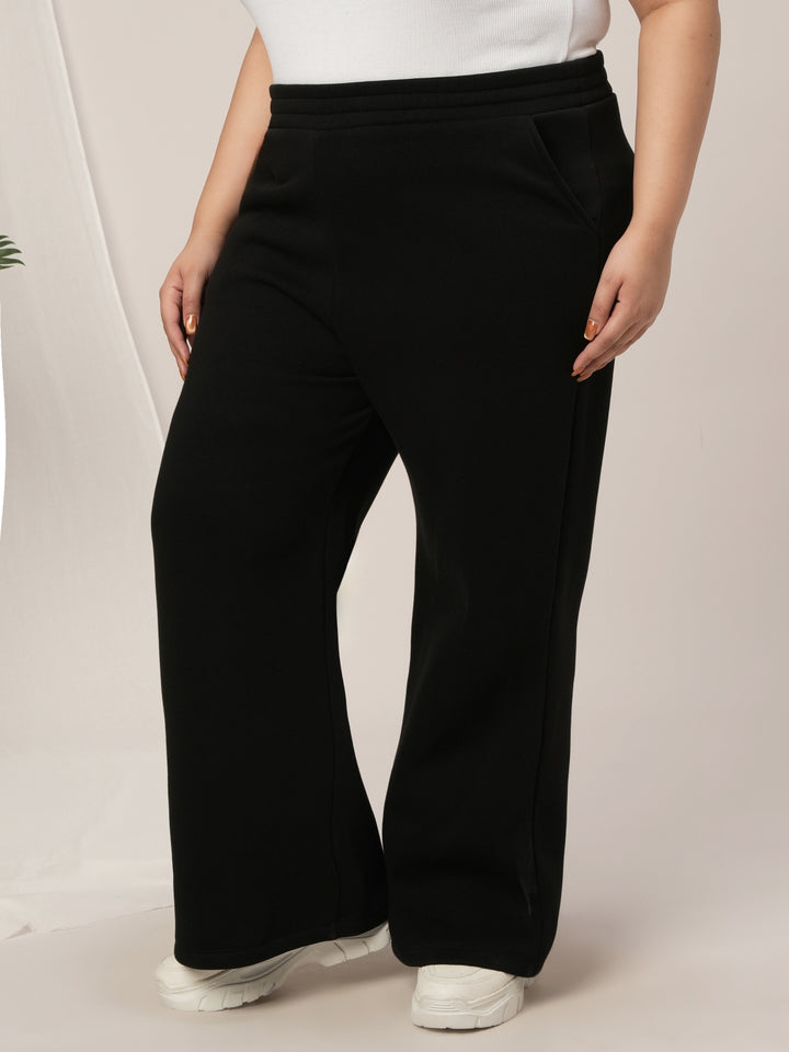 Women Plus Size Winter Fleece Flare Pants- Black