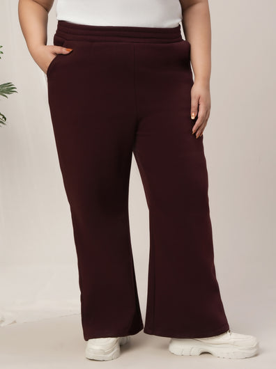 Women Plus Size Winter Fleece Flare Pants- Maroon