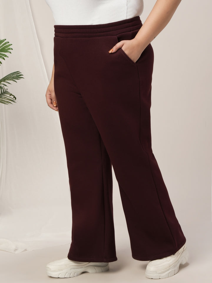 Women Plus Size Winter Fleece Flare Pants- Maroon