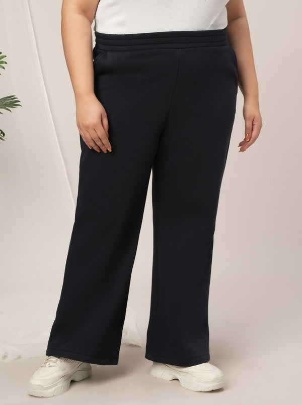 Women Plus Size Winter Fleece Flare Pants- Navy Blue
