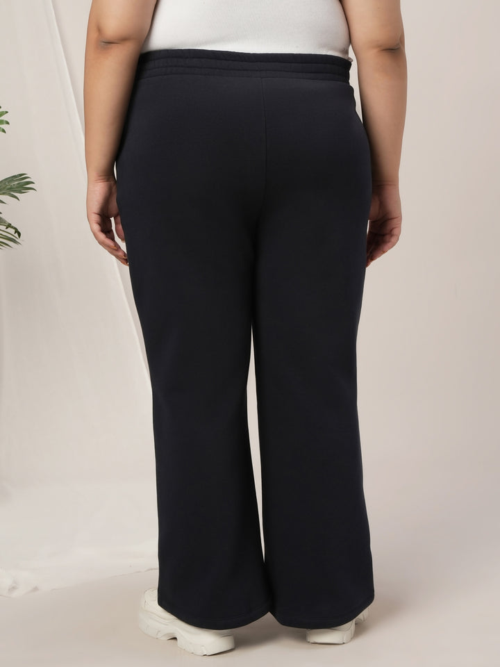 Women Plus Size Winter Fleece Flare Pants- Navy Blue