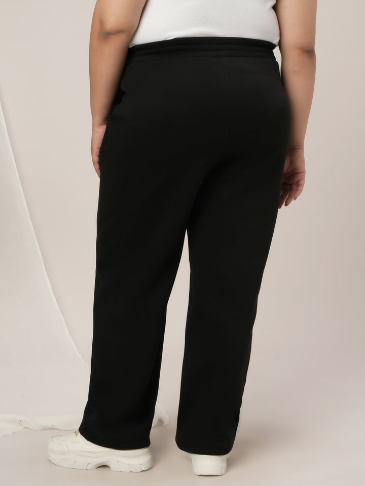 Women Plus Size Straight-Fit Winter Fleece Pants- Black