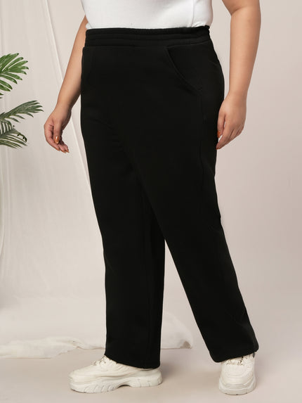 Women Plus Size Straight-Fit Winter Fleece Pants- Black