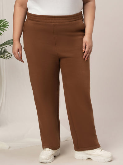 Women Plus Size Straight-Fit Winter Fleece Pants- Brown