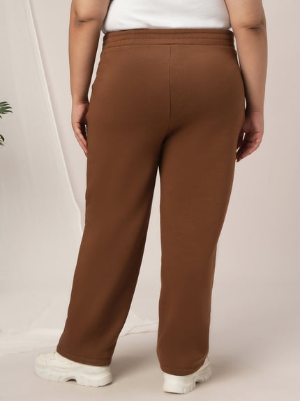 Women Plus Size Straight-Fit Winter Fleece Pants- Brown