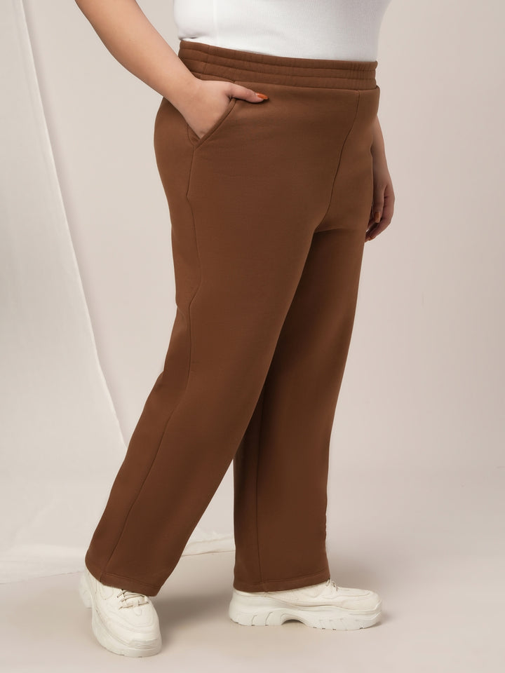 Women Plus Size Straight-Fit Winter Fleece Pants- Brown