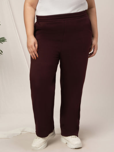 Women Plus Size Straight-Fit Winter Fleece Pants- Maroon