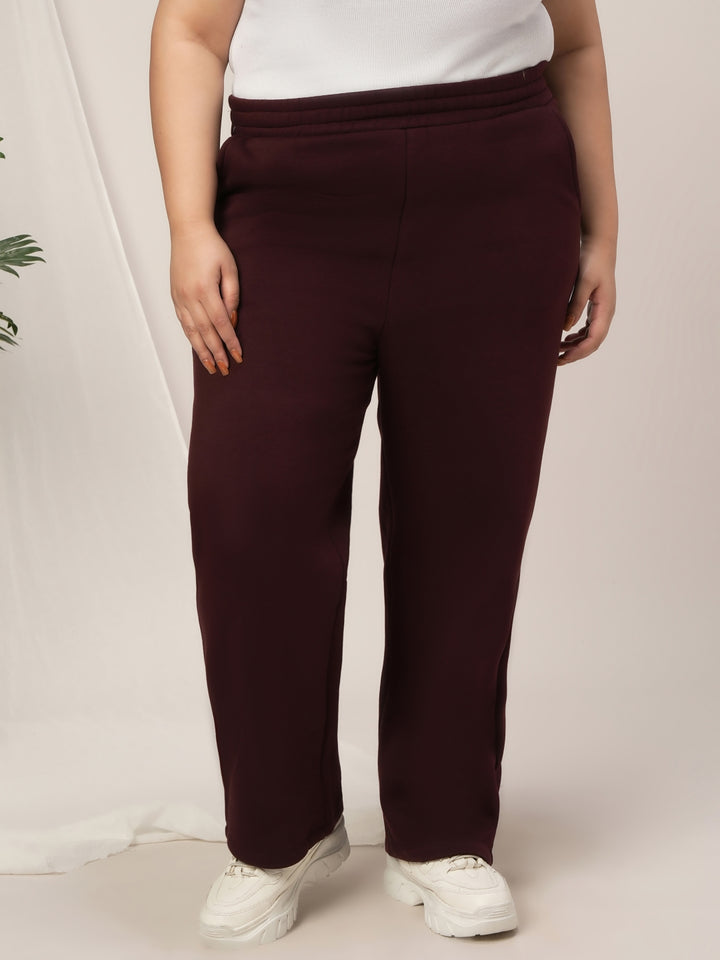 Women Plus Size Straight-Fit Winter Fleece Pants- Maroon