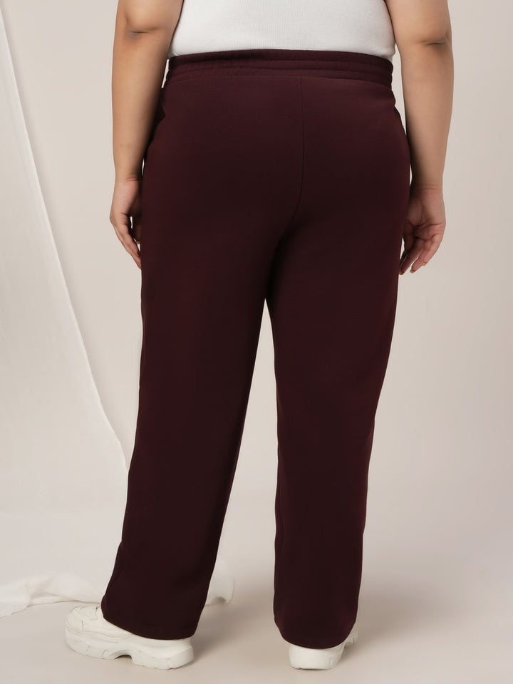 Women Plus Size Straight-Fit Winter Fleece Pants- Maroon