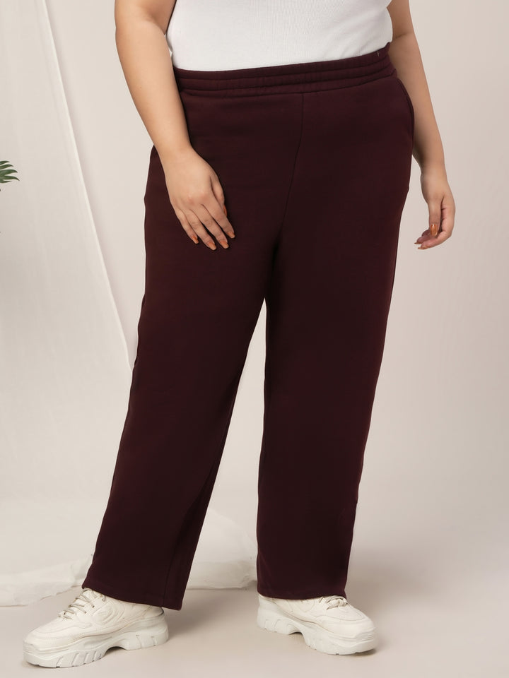 Women Plus Size Straight-Fit Winter Fleece Pants- Maroon