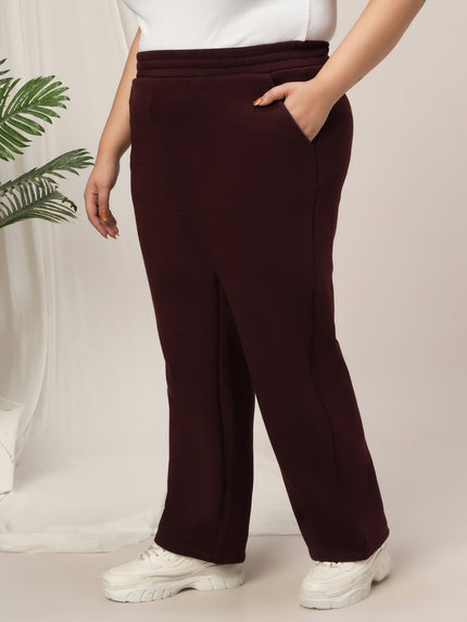 Women Plus Size Straight-Fit Winter Fleece Pants- Maroon
