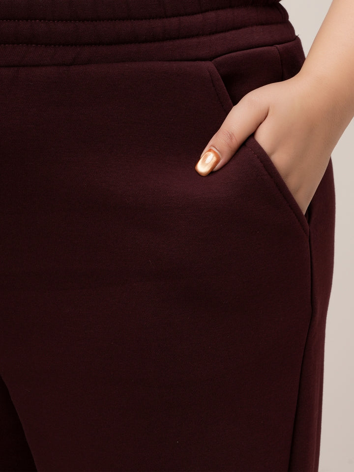 Women Plus Size Straight-Fit Winter Fleece Pants- Maroon