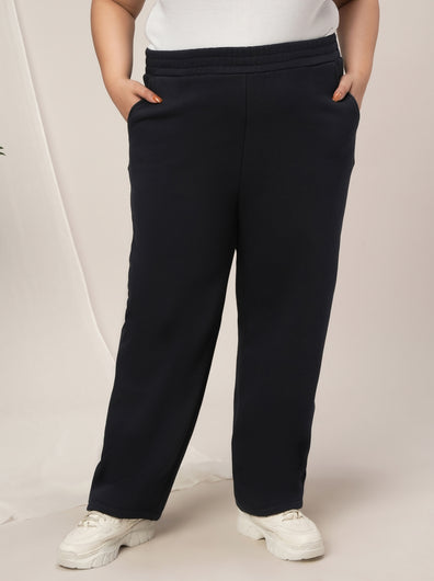 Women Plus Size Straight-Fit Winter Fleece Pants- Navy Blue