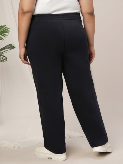 Women Plus Size Straight-Fit Winter Fleece Pants- Navy Blue