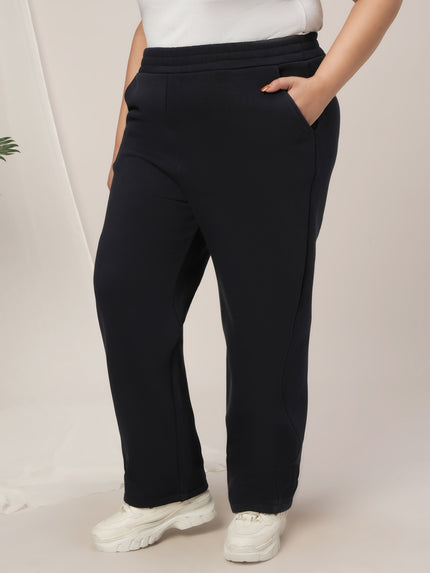 Women Plus Size Straight-Fit Winter Fleece Pants- Navy Blue