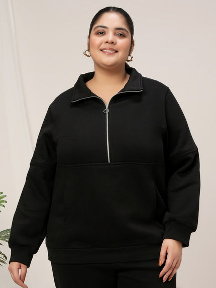 Women Plus Size Fleece Sweatshirt With Zipper- Black