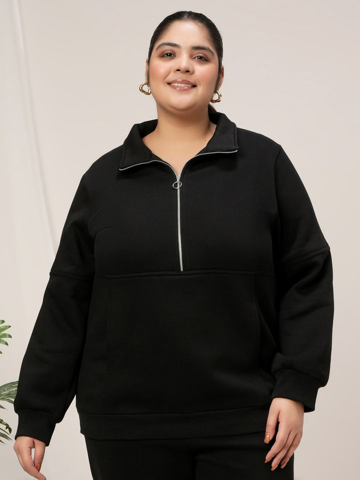 Women Plus Size Fleece Sweatshirt With Zipper- Black