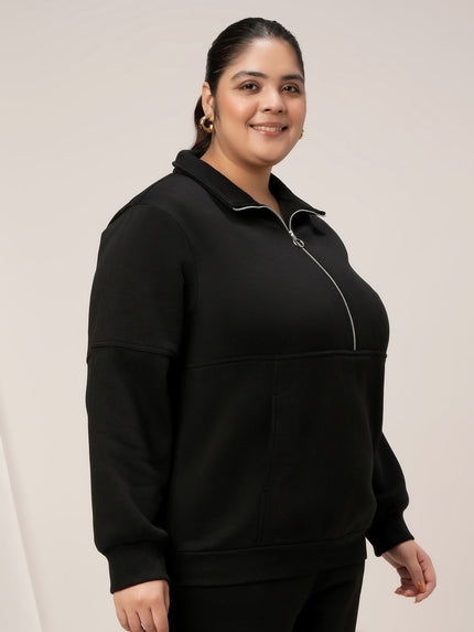 Women Plus Size Fleece Sweatshirt With Zipper- Black