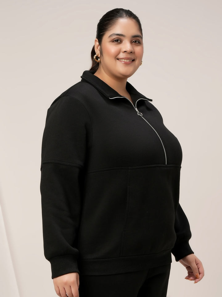 Women Plus Size Fleece Sweatshirt With Zipper- Black