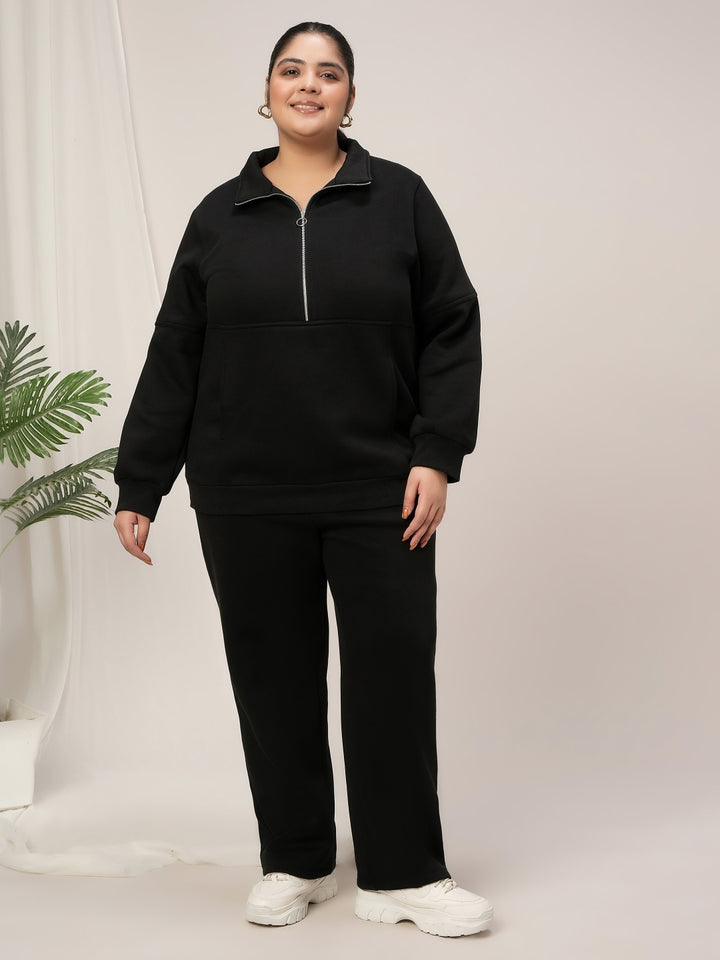 Women Plus Size Fleece Warm Co-Ord Set- Black