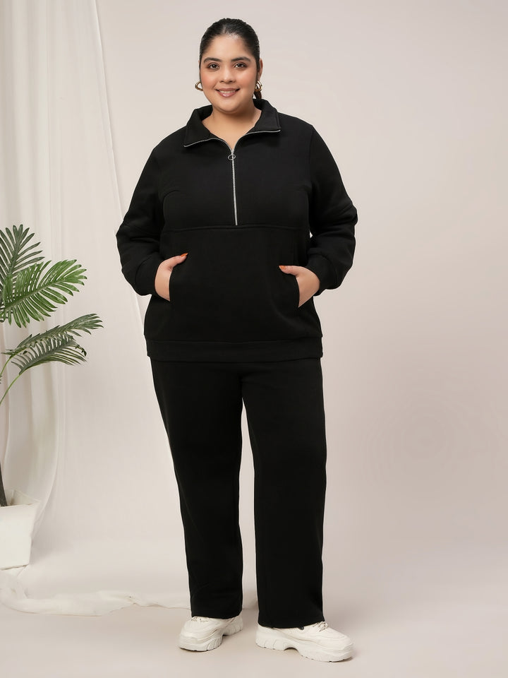 Women Plus Size Fleece Sweatshirt With Zipper- Black